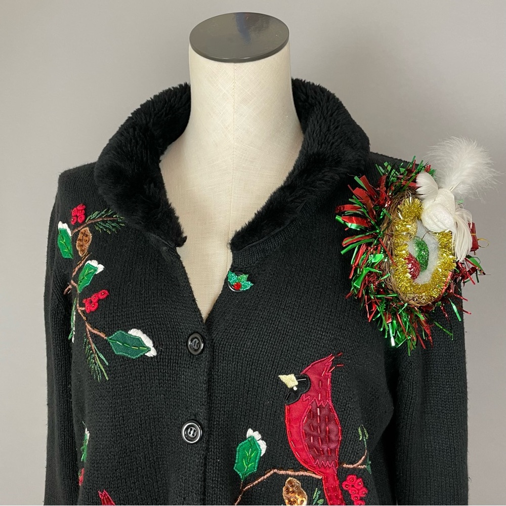 Vintage Christmas Cardigan 3D Ugly Xmas Sweater Party Birds Nest Embellished Sm‎